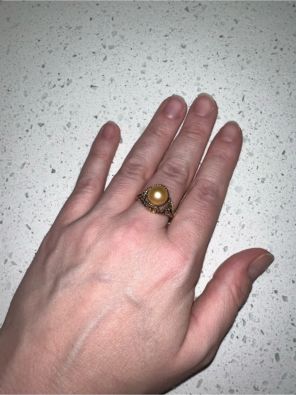 Vintage 1970's Pearl Ring Antiqued 18k Gold Electroplated